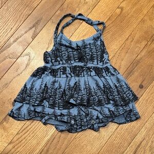 Kate Quinn Blue and Black Sasquatch Forest Ruffle Halter Bodysuit